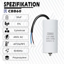 Iruihoo Capacitor CBB60 30µF, 450V 50/60Hz Motor Running Capacitor Starting Capacitor 30UF Capacitor with Wire & M8 for Electric Motor
