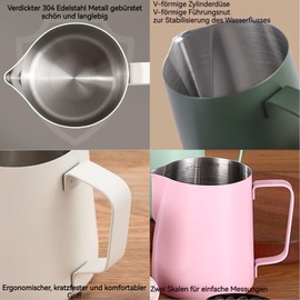 Zuquik 350ml Milchkännchen Edelstahl, Milchkanne Barista mit Messung Mark 12oz,Milchschaumkännchen mit Kakaostreuer, 16 Latte Art Schablonen & Pen für Cappuccino und Espresso, Weiß