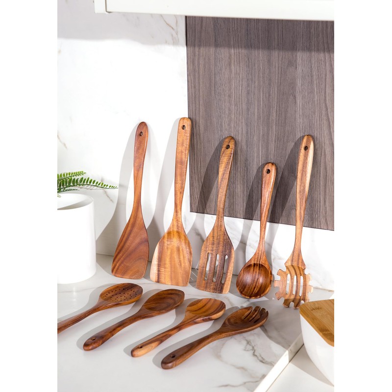 Nucookery Wooden Cooking Utensils Set with Holder, Teak Wood Utensils,