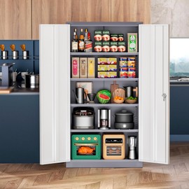 Pataku Metal Storage Cabinet, 71" Garage Cabinet with Doors and Shelves Lockable Steel Multifunctional Cabinet, Tool Cabinet for Garage, File Cabinet for Home, Office, Warehouse(White Grey)