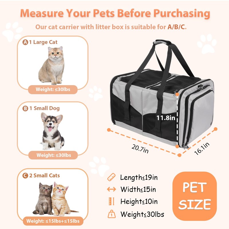 A.FATI Cat Carrier for 2 Cats, Grey 30lbs Capacity, Expandable