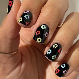 Lifextol Press on Nails Short Round Fake Nails with Colorful Spring Flowers Black Stick on Nails press ons with Adhesive Tabs, 24pc Extra Short Black Press on Nails Natural Fit for Women Girls