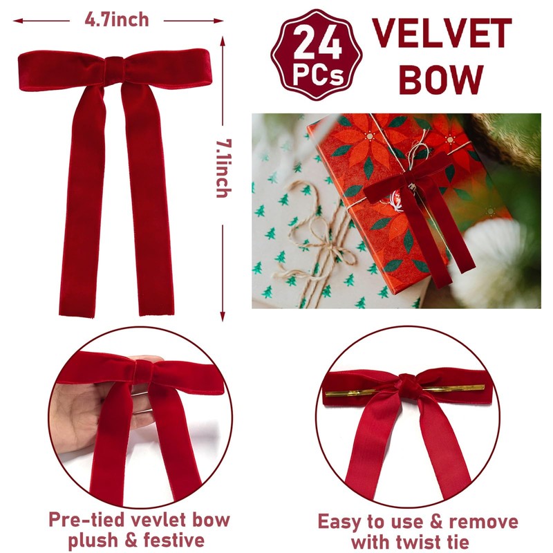 24pcs Red Velvet Bows for Christmas Tree, Large Ribbon Christmas