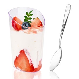 Hiasobre 50 Pack Plastic Dessert Cups with Spoons, 3 oz Clear Mini Parfait Appetizer Cups, Reusable Slanted Triangle Shooter Serving bowls for Tasting, Small Dessert Shot Glasses