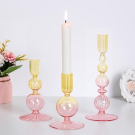 Hewory Candle Sticks Holder Decor: 3 PCS Ribbed Candlestick Holders Pink-yellow Gradient Glass Candle Holder for Candlesticks, Taper Candle Holders for Table Centerpiece Dinner Wedding Christmas Party