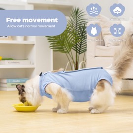 Avont Cat Recovery Suit Post-Surgery Onesie, Breathable Cone-of-Shame Alternative Bodysuit for Spayed Female Kittens, Skin Abdonminal Wound Care -Blue(L)