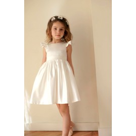 Amatesay Ruffle Sleeve Flower Toddler Girl Dress for Wedding Silky Satin First Communion Dress Champagne Satin Pageant Party Baptism Dresses Kids Birthday Gown with Bow-Knot Champagne Size 6