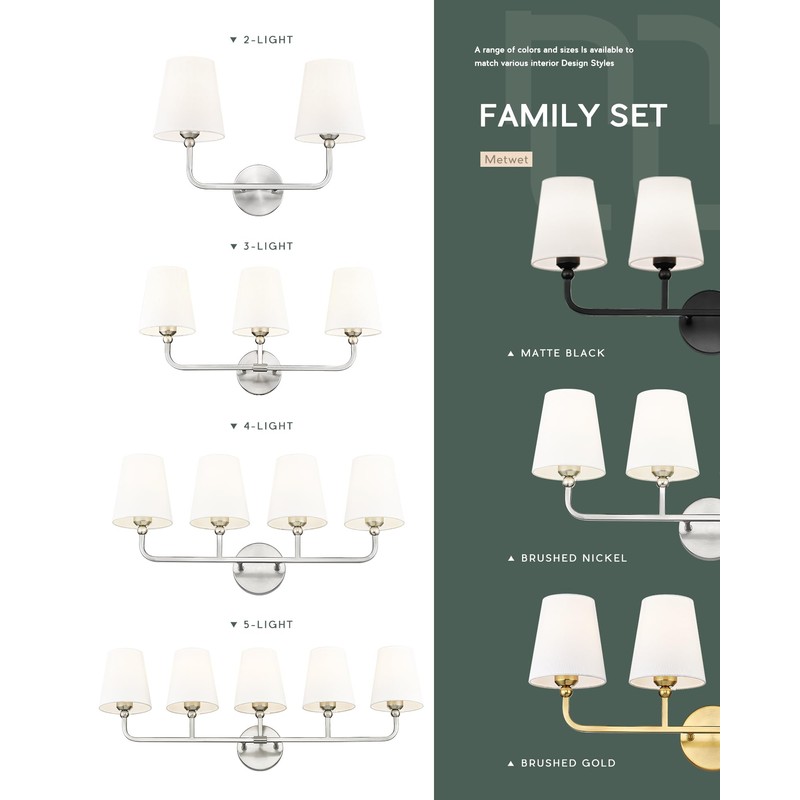METWET 2-Light Bathroom Light Fixtures, Brushed Nickel Vanity Lights, Double