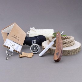 Vintage Style Men's Shaving Set with Synthetic Hair Shaving Brush,Cut Throat Razor/Barber Style Razor, Double XL Pure Leather Strop & Sharping Paste,Stainless Steel Bowl +Free Aluminum Stick