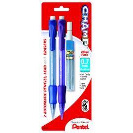 Pentel Champ Automatic Pencil with Lead and 2 Erasers, 0.7mm, Assorted Barrels, 2 Pack (AL17LEBP2)