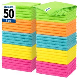 FIXSMITH Microfiber Cleaning Cloth, 50 Pack Cleaning Rags, Cleaning Towels for Housekeeping, Kitchen, Car, Lint-Free, Reusable Shop Towels with 5 Colors (Green/Blue/Yellow/Orange/Pink), 12"X12"
