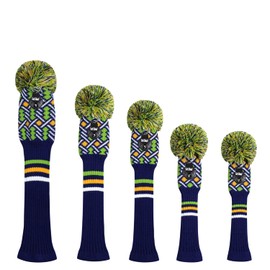 Scott Edward Golf Headcovers 5Pcs for Driver*1 Fairway*2 Hybrid*2,Knitted Elastic Yarn Double Layers Big Pom Protect Golf Club from Scracthes and Dust,Perfect Match Golf Bags (Four Colors Pattern)