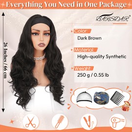 BARSDAR Dark Brown Wavy Headband Wig, 66 cm Long Loose Wavy Synthetic Headband Wig for Women - Glueless Lightweight Natural Look Easy to Wear Forehead Band Wigs