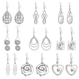 Ritach Silver Dangle Drop Earrings Trendy Vintage Statement Bohemia Boho Earrings Set for Women (9pairs-silver)