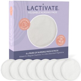 Lactivate Reusable Breast Pads - Pack of 8 Mixed White Nursing Pads for Night and Day (4 Thin Daytime & 4 Thick Overnight Cotton Pads) - Ideal Maternity Care Package or Baby Shower Gifts for New Mums