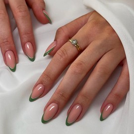 Short Oval Stick on Nails - 24pcs Dark Green Edge French Tip False Nails - Press on Nails Removable Glue-on Nails Full Cover Fake Nails Women Girls