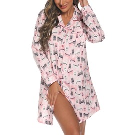 ENJOYNIGHT Women's Sleep Shirt Flannel Print Pajama Top Button-Front Nightshirt (Small, Cat)
