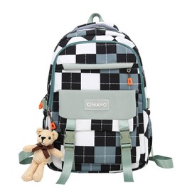 jupkem Checkered Backpack for Women Cute Backpack Black and White Pattern with Kawaii Pendant Large Capacity Casual Laptop Daypack (Green)