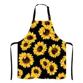Lefolen Sunflowers Black Tropical Flower Daisy Adjustable Bib Apron, Cute Floral Sunflower Cooking Kitchen Apron for Men Women