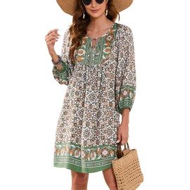 Bluetime Women Summer Tunic Dress 3/4 Sleeve Flowy Beach Cover up Boho V Neck Mini Short Dress (XXL, Dark Green)