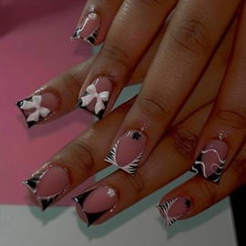 French Tips Press on Nails with Zebra Print French Design Short Square Fake Nails Charms Flower Black French Nails Press ons Cute Bow Stick on Nail Zebra Stripes Artificial False Nails for Women 24Pcs