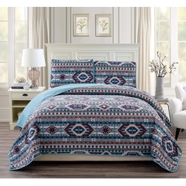 Rustic Western Southwestern Native American Quilt Set in Beige Taupe Brown Turquoise and Navy Blue Colors - Bedspread Set San Antonio (King/Cal-King)