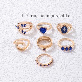 Ring Set for Women Gold Pinky Snake Womens Butterfly Heart Blue Purple Crystal Jewelry Gift (Blue)