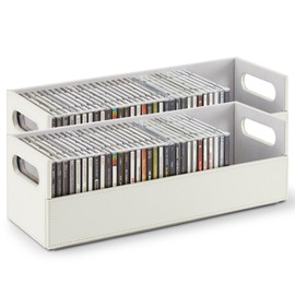 Stock Your Home 2- Pack CD Storage Box, Organizer Shelf for Movie Cases, DVDs, Cassette Tape Display Stand, Disc Holder Can Store Up to 40 CDs, Faux Leather (White with White Interior)