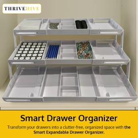 ThriveHive 3 Tier Drawer Organizer, Multi Level Smart Drawer Organizer for Desk, Expandable Organizer for Office, Makeup, Jewelry, Kitchen, Folding Storage for Home and Office Drawers - White