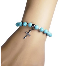Cynthia Lynn "Sacrifice" Turquoise Silver Stainless Steel Beaded Stretch Cross Charm Bracelet (8.5inches)