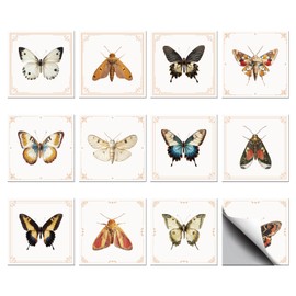 CHGCRAFT 36pcs 12 Styles Vintage Butterfly Moth Tile Stickers Waterproof Tile Stickers Square with Flower Pattern for Kitchen Bathroom Bedroom Wall Fireplace Floor Decoration, 3.94×3.94inch