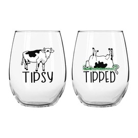 Drinking Divas 'Tipsy' and 'Tipped' Wine Glasses - Set of 2 Stemless Non-Rolling, Flat Bottom 15oz Tumblers with Sayings | Cute & Funny Cow Gifts for Mom, Girlfriend, Wife, Best Friend