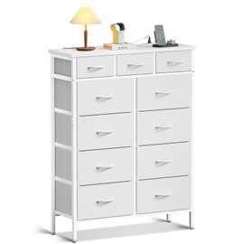 AODK Dresser with Charging Station, 52 Inches Tall Dresser for Bedroom with 11 Storage Drawers, Large Fabric Dressers for Hallway, White