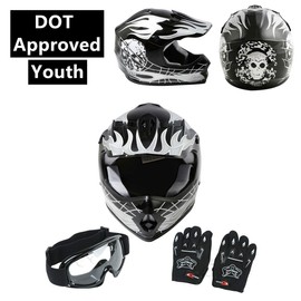 SLMOTO Dot Youth Kids Helmet Motocross Offroad Street Helmet Motorcycle Helmet Dirt Bike Motocross ATV Blue Flame Design Helmet+Goggles+Gloves