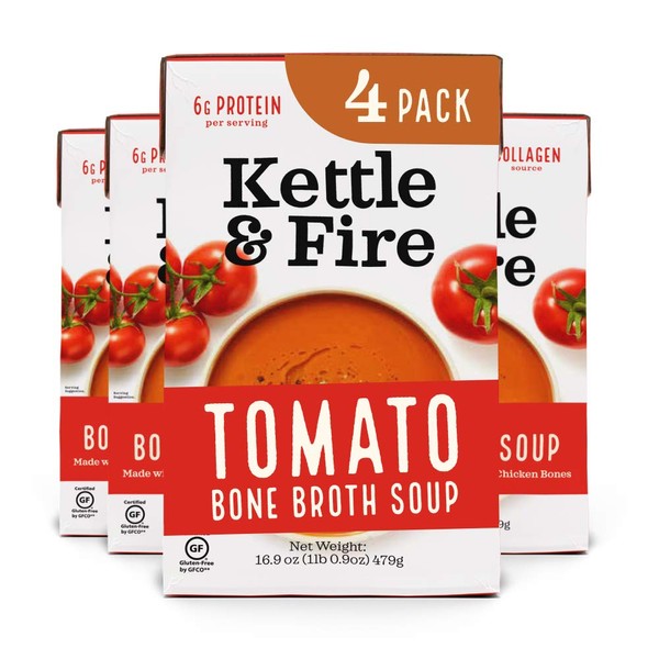 Tomato Soup with Chicken Bone Broth by Kettle and Fire, Pack of 4, Paleo, Gluten Free Collagen Soup on the Go, 9g of Protein, 16.9 fl oz