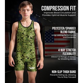 Exxact Sports Digital Camouflage Youth Wrestling Singlet For Boys, Premium Powerlifting Singlet, Kids Wrestling Singlets For Training (YM, Green Camo)