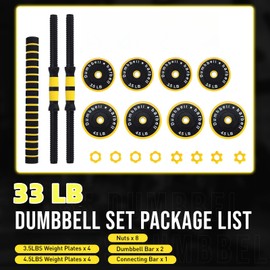 Adjustable Weights Set for Home Gym, 33 Lb 2-In-1 Adjustable Dumbbell Set with Foam Handles, Yellow