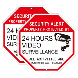 2-Pack Video Surveillance Sign-24 Hours Surveillance All Activities are Monitored and Recorded-Safety Sign for Home and Business CCTV Cameras Octagon 12"X12" Aluminum Sign (Two-Pack)