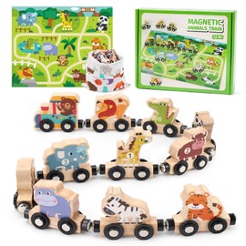 Magnetic Wooden Train Set for Toddlers 1-3: Montessori Learning Toys with Farm Animals & Track Mat - Educational Travel Toys for 1 2 3 4 Year Old Boys Girls Birthday