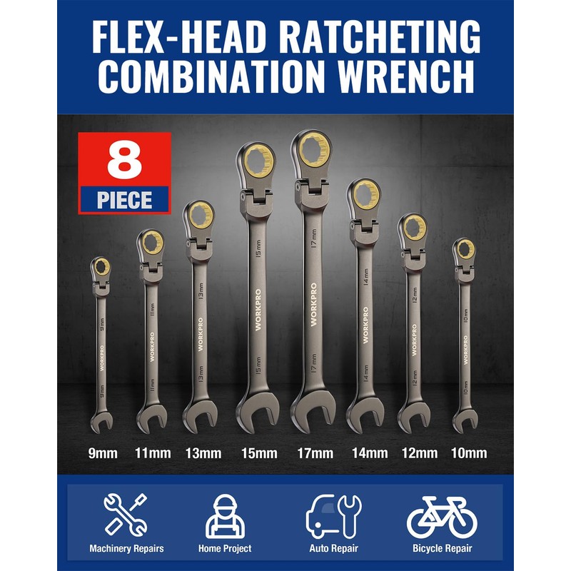 WORKPRO 8-piece Flex-Head Ratcheting Combination Wrench Set, Metric 9-17 mm,