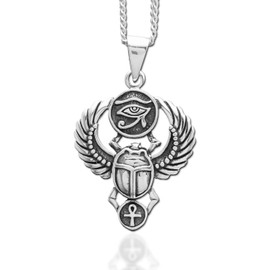Eye of Ra Egyptian Scarab Beetle Pendant Necklace, Egypt Rebirth, Long Life, Free Engraving, Solid 925 Sterling Silver, Quality -KIMNKIM L5-2