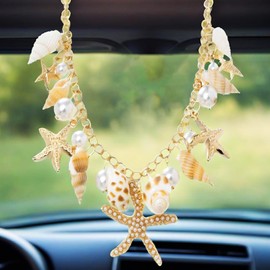 Sea Shell Rear View Mirror Accessories Hanging Charms, Starfish Conch Cute Car Accessories for Women/Men, Car Interior Decor Hanging Ornament, Ideal for Beach Vacation (Gold)