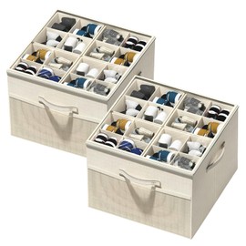 Aokeyee Shoe Organizer for Closet,2 Pack Foldable Shoe Storage Organizer Box Bin w/Adjustable Dividers and Clear Cover, Fits up to 16-32 Pairs, (Beige)