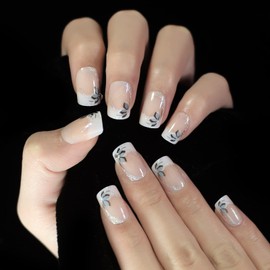 LINSSQ Press on Nails - Shiny Short Flower Glitter Deco Ombre False Nails | UV Gel Finish Medium Short Coffin Flat Shape Reusable Fake Nails - 24 Nail Kit with Jelly Glue Pad