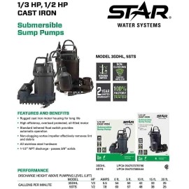 Star 5STS 1/2 HP Cast Iron Submersible Sump Pump with Float Switch (1-1/2"...