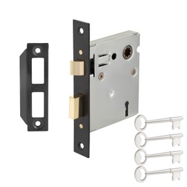 Mortise Lock Replacement Parts, Vintage Style Indoor Mortise Lock Assembly Kit with Antique Skeleton Keys and Reversible Latch Bolt, Matte Black Plated Finish