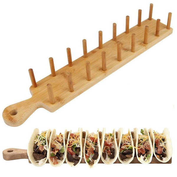 Taco Holder Stand, Bamboo Taco Holder Stand Tray Rack Holds up to 8 Tacos Each, for Serving Up Soft & Hard Shell Food Style Tacos Trays