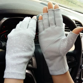 Women Sun UV Protection Gloves Cycling Driving Gloves Cotton Fingerless Gloves Sunblock Gloves UPF50+ Sun Gloves Anti-Slip Half Finger Mittens For Outdoor Sports Biking Driving Running Climbing Hiking