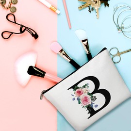 Flower Letter Makeup Bag Letter B Cosmetic Bag Alphabet Initial Makeup Bag Birthday Gifts for Women Mom Friend Bride Bridesmaid Cosmetic bag(A002)