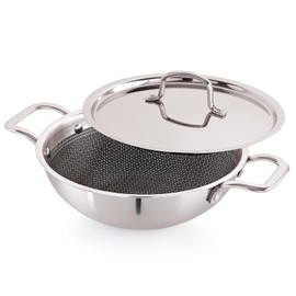 Tanish Trading Triply Stainless Steel Honeycomb Pattern Stainless Steel Wok with Honeycomb Pattern, 24cm, 2.1 Liter Capacity, Scratch Resistant, Gas & Induction Compatible, Silver